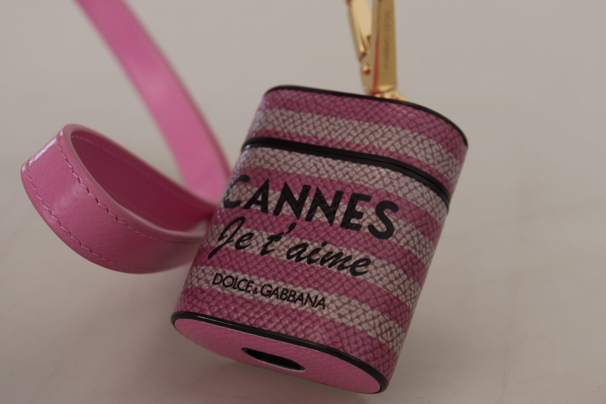 Dolce & Gabbana Pink Black Leather Strap Gold Metal Logo Airpods Case - ClickThatClicks 