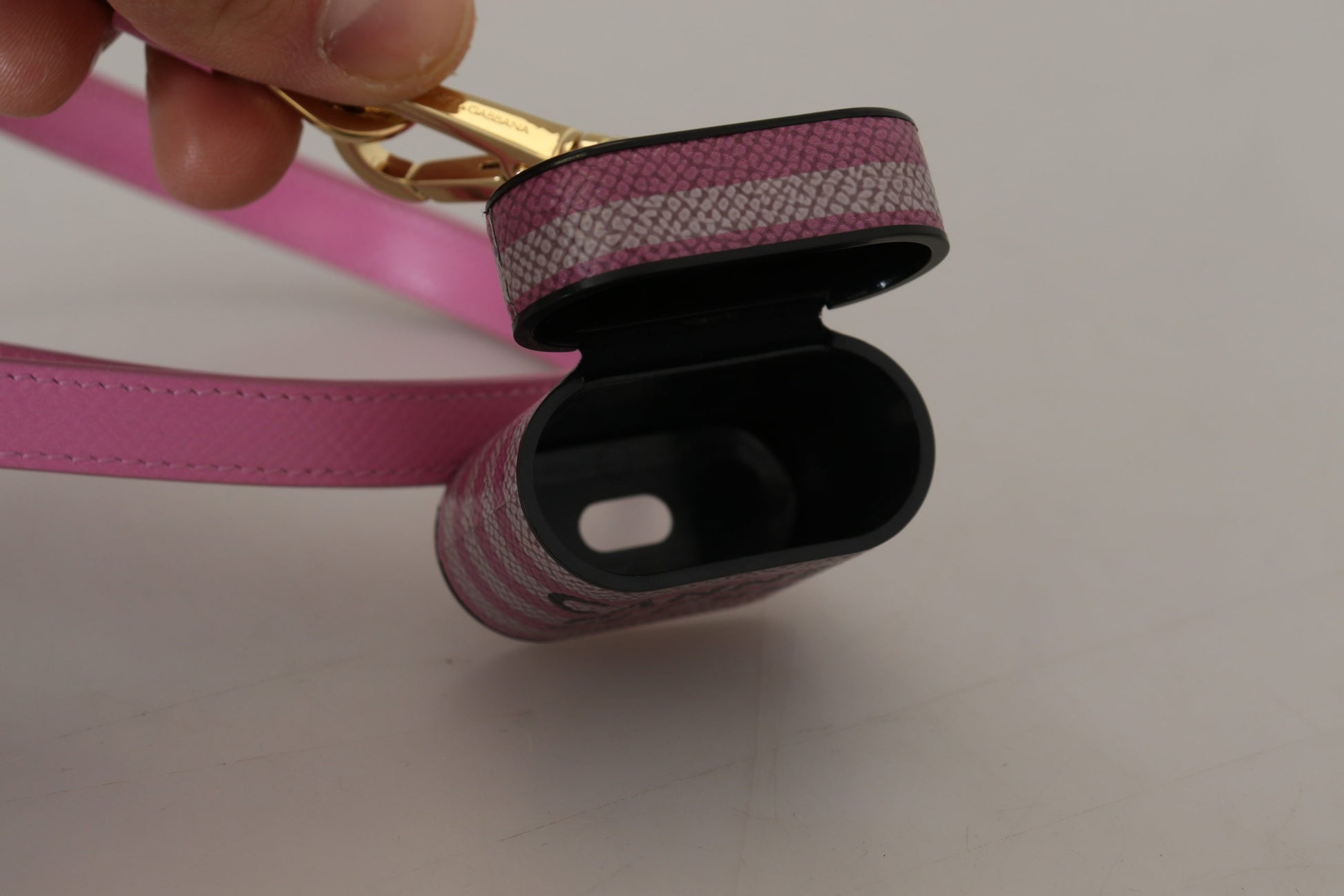 Dolce & Gabbana Pink Black Leather Strap Gold Metal Logo Airpods Case - ClickThatClicks 