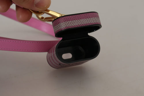 Dolce & Gabbana Pink Black Leather Strap Gold Metal Logo Airpods Case - ClickThatClicks 