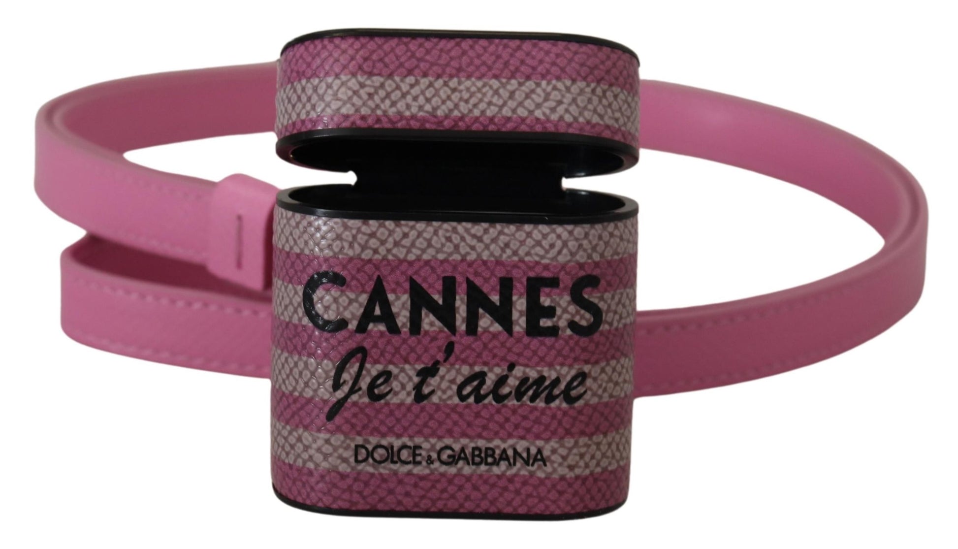 Dolce & Gabbana Pink Black Leather Strap Gold Metal Logo Airpods Case - ClickThatClicks 