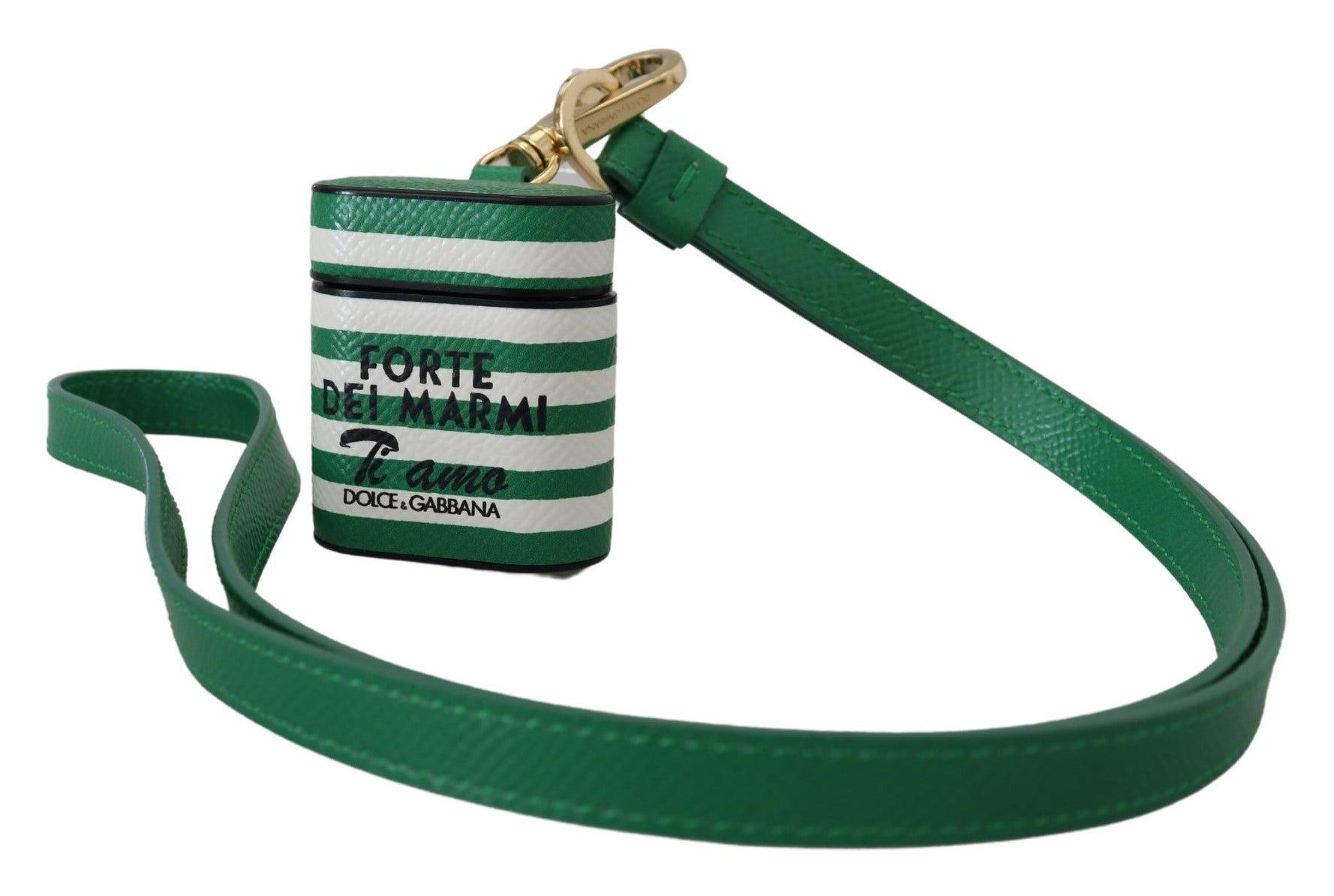 Dolce & Gabbana Green Leather Strap Gold Metal Logo Airpods Case - ClickThatClicks 