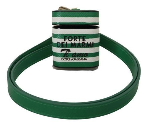 Dolce & Gabbana Green Leather Strap Gold Metal Logo Airpods Case - ClickThatClicks 