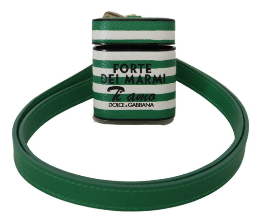 Dolce & Gabbana Green Leather Strap Gold Metal Logo Airpods Case - ClickThatClicks 
