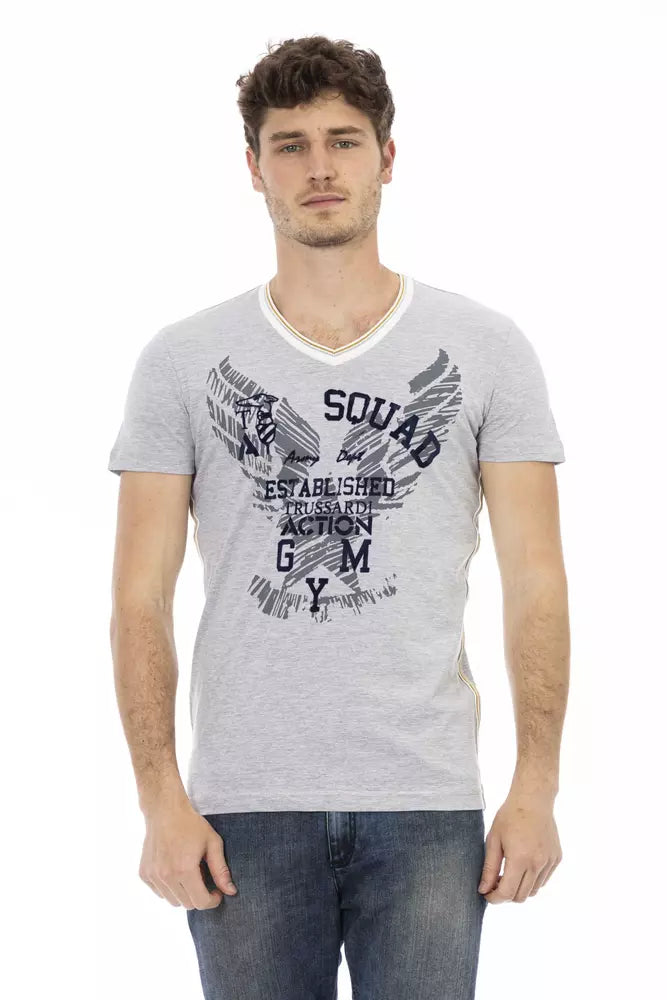 Trussardi Action Gray Cotton Men's V-Neck T-Shirt - ClickThatClicks 