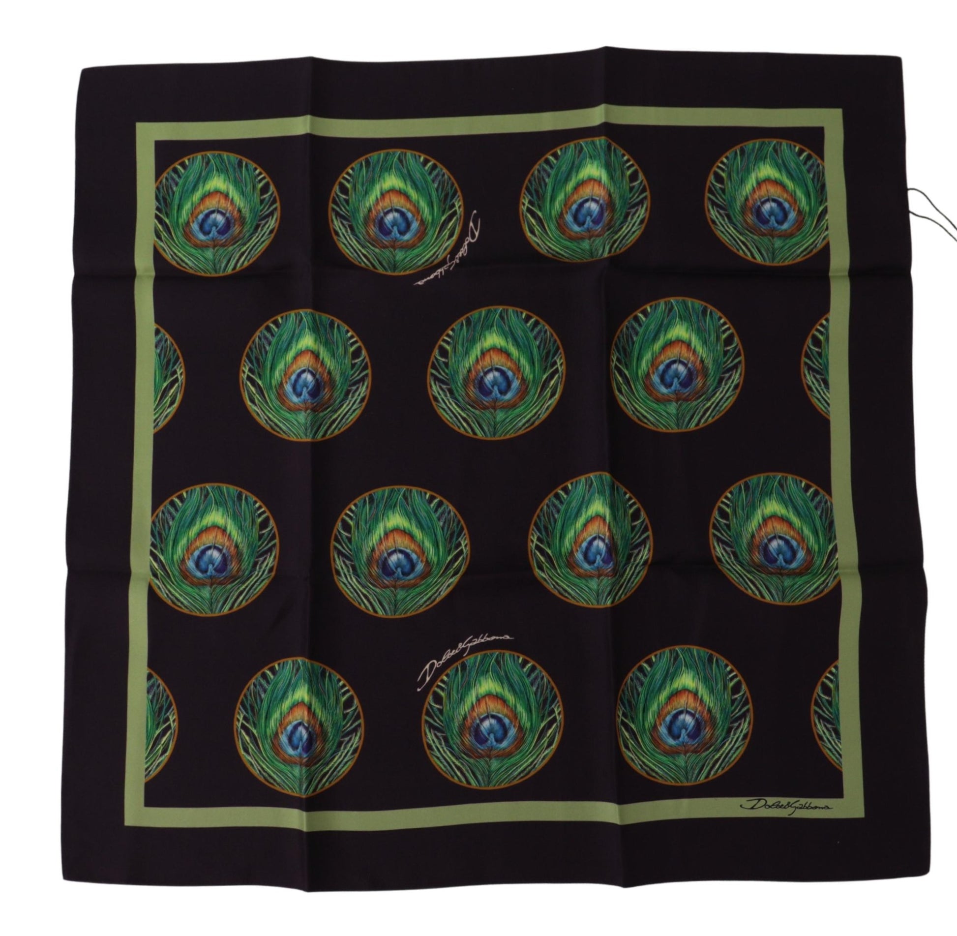 Dolce & Gabbana Black Peacock Feather DG Printed Square Handkerchief Scarf - ClickThatClicks 
