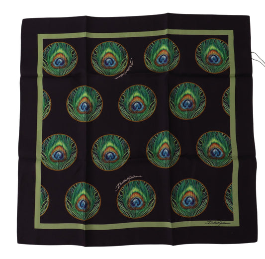 Dolce & Gabbana Black Peacock Feather DG Printed Square Handkerchief Scarf - ClickThatClicks 