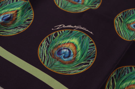 Dolce & Gabbana Black Peacock Feather DG Printed Square Handkerchief Scarf - ClickThatClicks 