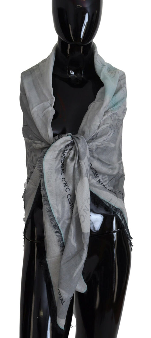 Costume National Gray Print Shawl Foulard Fringes Scarf - ClickThatClicks 