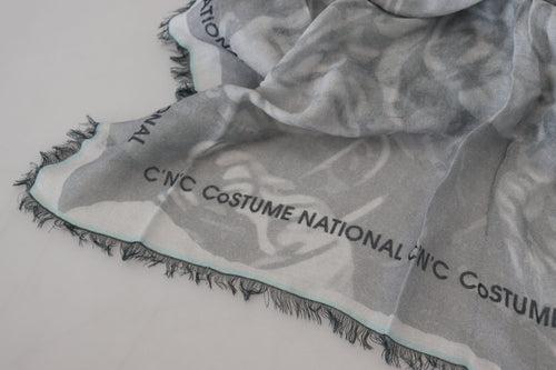 Costume National Gray Print Shawl Foulard Fringes Scarf - ClickThatClicks 
