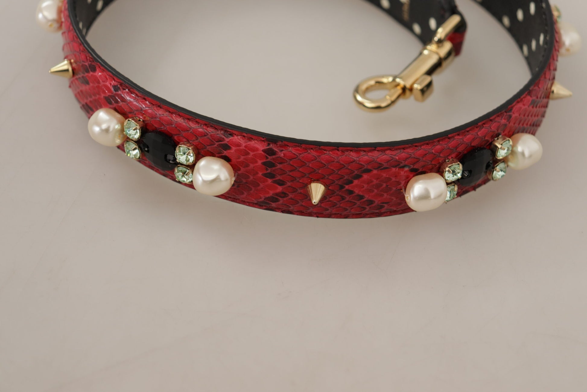 Dolce & Gabbana Red Python Leather Crystals Reversible Shoulder Strap - ClickThatClicks 