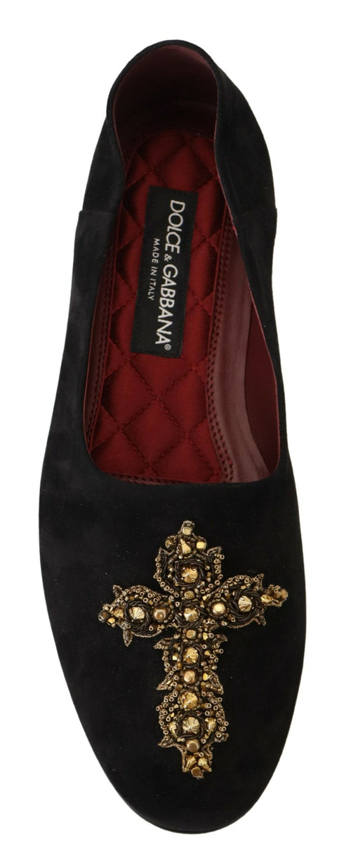 Dolce & Gabbana Black Suede Gold Cross Slip On Loafers Shoes - ClickThatClicks 
