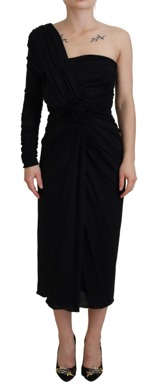 Dolce & Gabbana Black Wrap Sheath One Shoulder Wool Dress - ClickThatClicks 