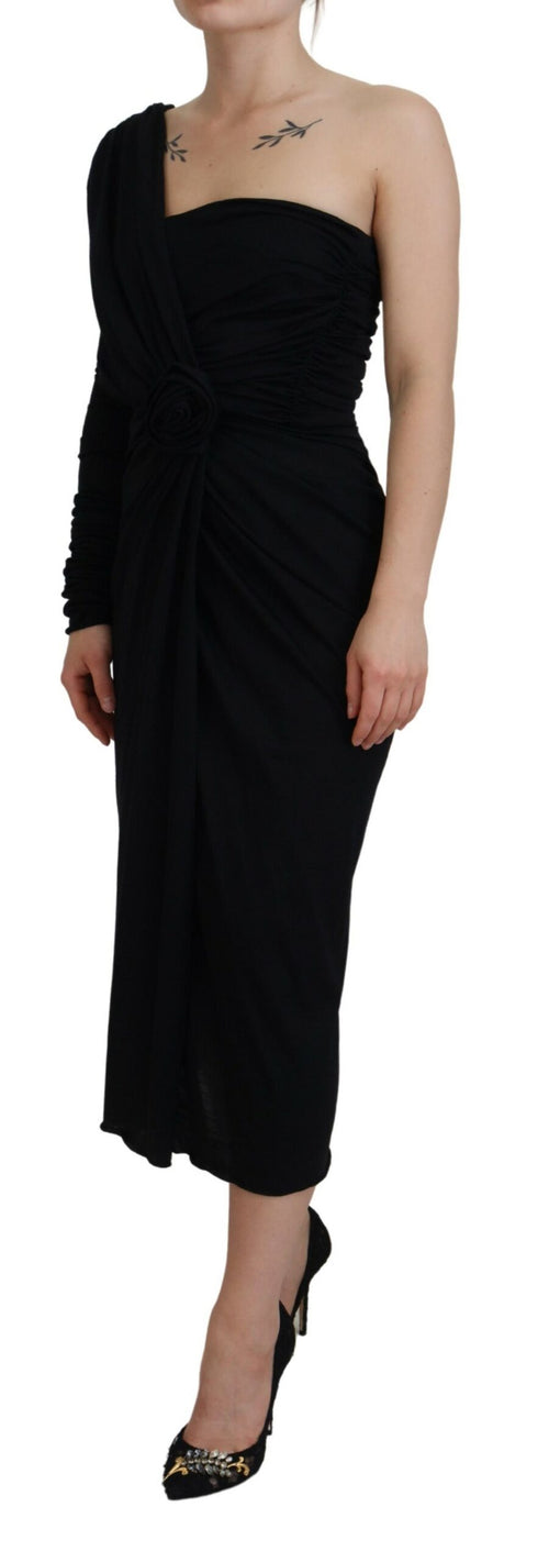 Dolce & Gabbana Black Wrap Sheath One Shoulder Wool Dress - ClickThatClicks 