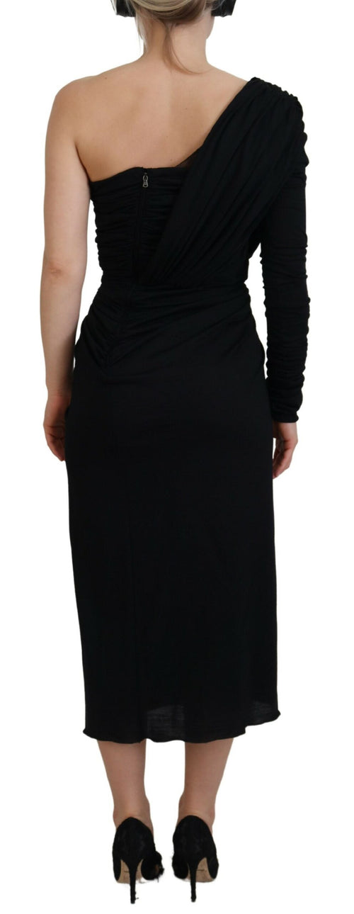 Dolce & Gabbana Black Wrap Sheath One Shoulder Wool Dress - ClickThatClicks 