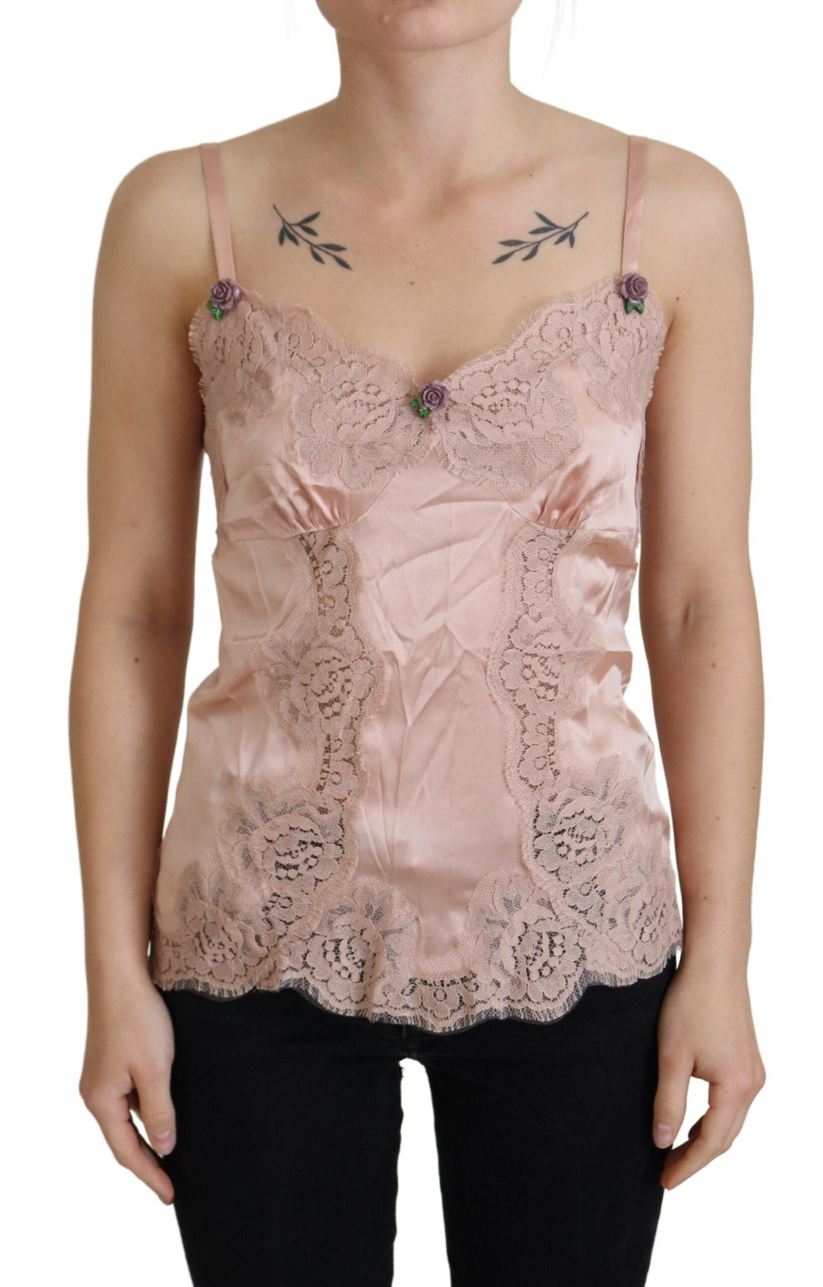 Dolce & Gabbana Pink Satin Lace Roses Tank Top Lingerie - ClickThatClicks 