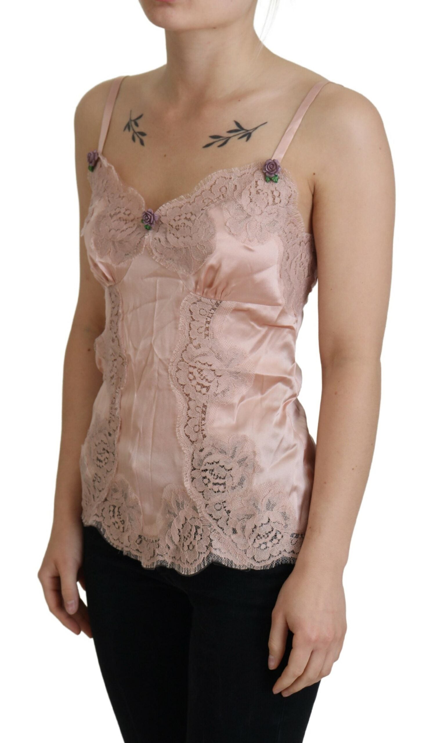Dolce & Gabbana Pink Satin Lace Roses Tank Top Lingerie - ClickThatClicks 