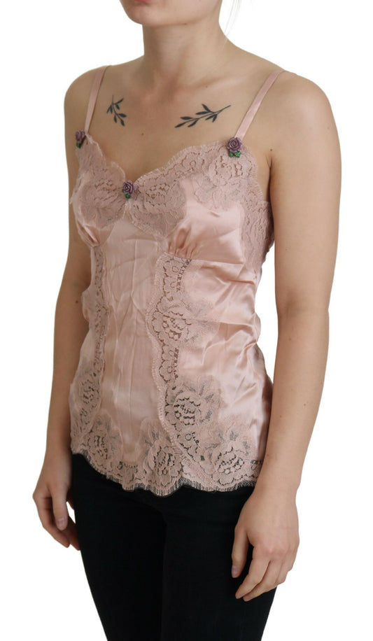 Dolce & Gabbana Pink Satin Lace Roses Tank Top Lingerie - ClickThatClicks 