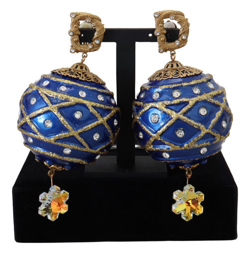 Dolce & Gabbana Gold Brass Blue Dangle Ball Crystal Clip On Earrings - ClickThatClicks 