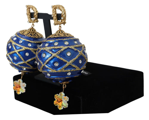 Dolce & Gabbana Gold Brass Blue Dangle Ball Crystal Clip On Earrings - ClickThatClicks 