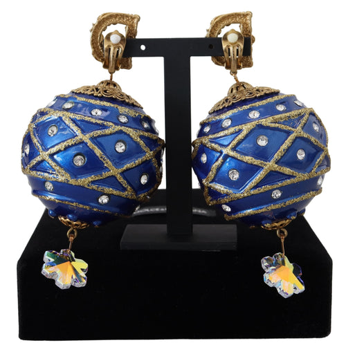 Dolce & Gabbana Gold Brass Blue Dangle Ball Crystal Clip On Earrings - ClickThatClicks 