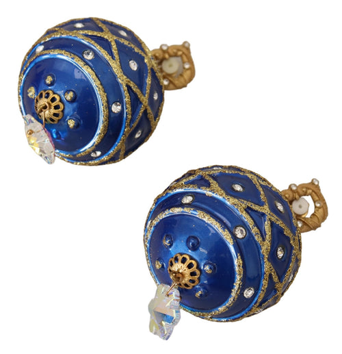 Dolce & Gabbana Gold Brass Blue Dangle Ball Crystal Clip On Earrings - ClickThatClicks 