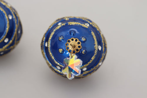 Dolce & Gabbana Gold Brass Blue Dangle Ball Crystal Clip On Earrings - ClickThatClicks 