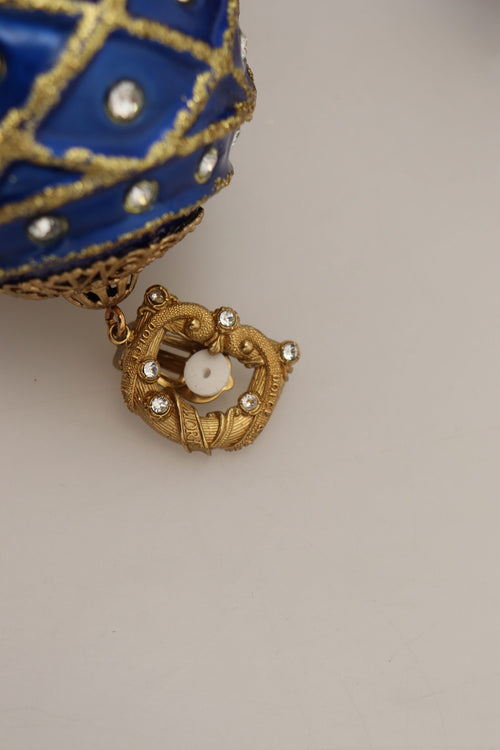 Dolce & Gabbana Gold Brass Blue Dangle Ball Crystal Clip On Earrings - ClickThatClicks 