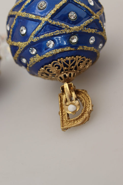 Dolce & Gabbana Gold Brass Blue Dangle Ball Crystal Clip On Earrings - ClickThatClicks 