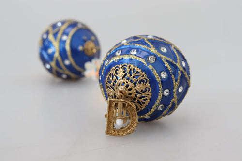 Dolce & Gabbana Gold Brass Blue Dangle Ball Crystal Clip On Earrings - ClickThatClicks 