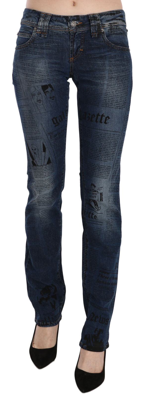 John Galliano Blue Newspaper Print Low Waist Skinny Denim Pants - ClickThatClicks 