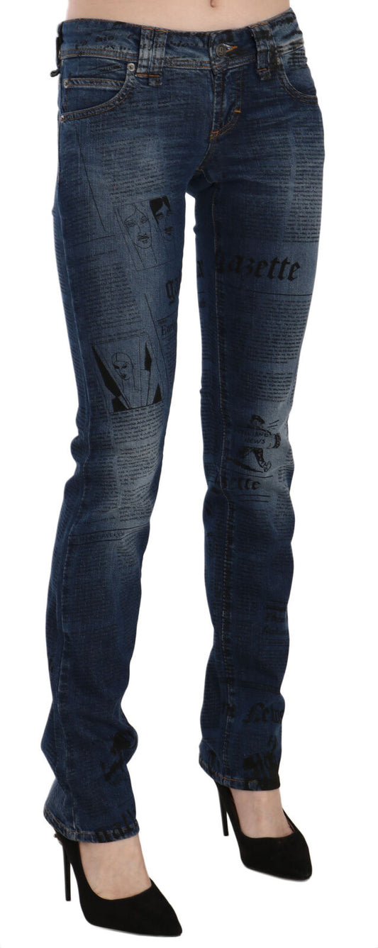 John Galliano Blue Newspaper Print Low Waist Skinny Denim Pants - ClickThatClicks 