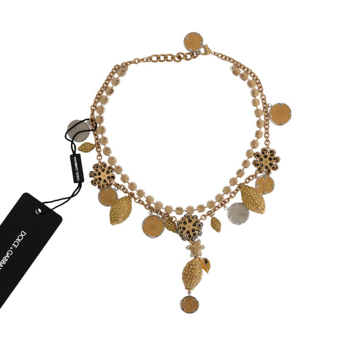 Dolce & Gabbana Gold Brass Crystal Logo Pineapple Statement Necklace - ClickThatClicks 