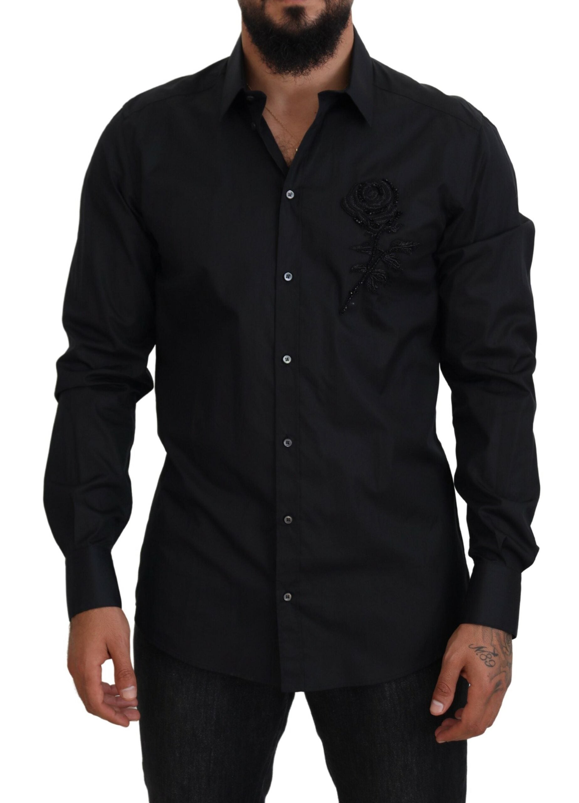 Dolce & Gabbana Black Roses Slim Fit Cotton Shirt - ClickThatClicks 