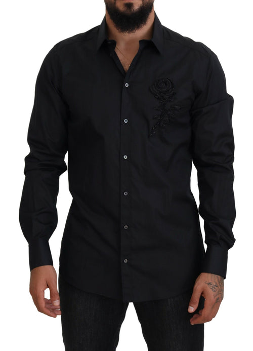 Dolce & Gabbana Black Roses Slim Fit Cotton Shirt - ClickThatClicks 