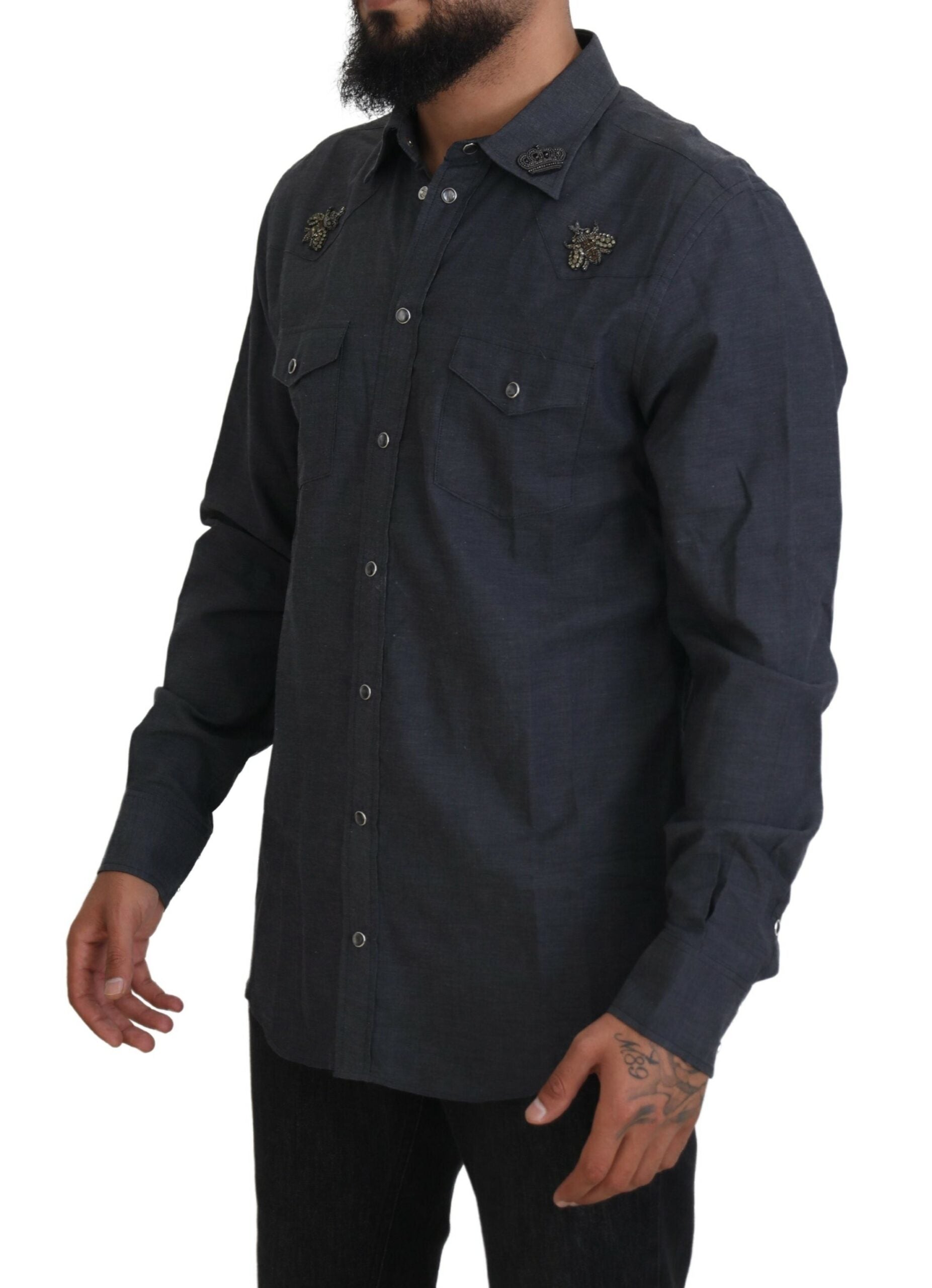 Dolce & Gabbana Blue Cotton Denim Crystal Bee Shirt - ClickThatClicks 