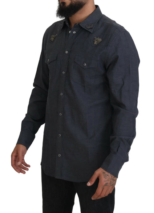 Dolce & Gabbana Blue Cotton Denim Crystal Bee Shirt - ClickThatClicks 