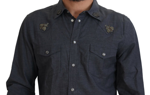 Dolce & Gabbana Blue Cotton Denim Crystal Bee Shirt - ClickThatClicks 