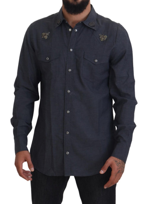 Dolce & Gabbana Blue Cotton Denim Crystal Bee Shirt - ClickThatClicks 