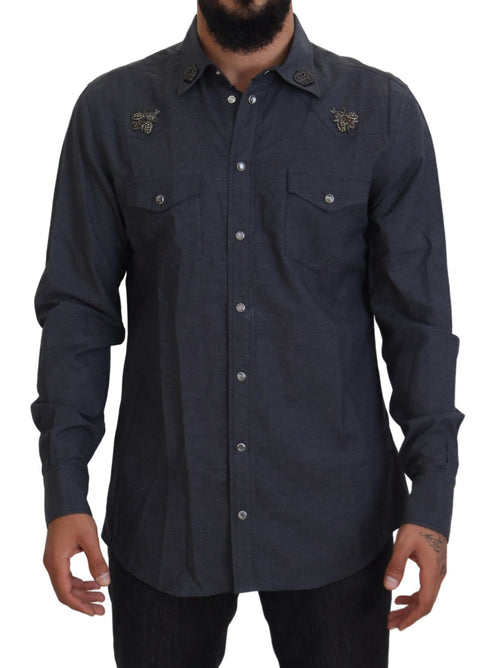 Dolce & Gabbana Blue Cotton Denim Crystal Bee Shirt - ClickThatClicks 