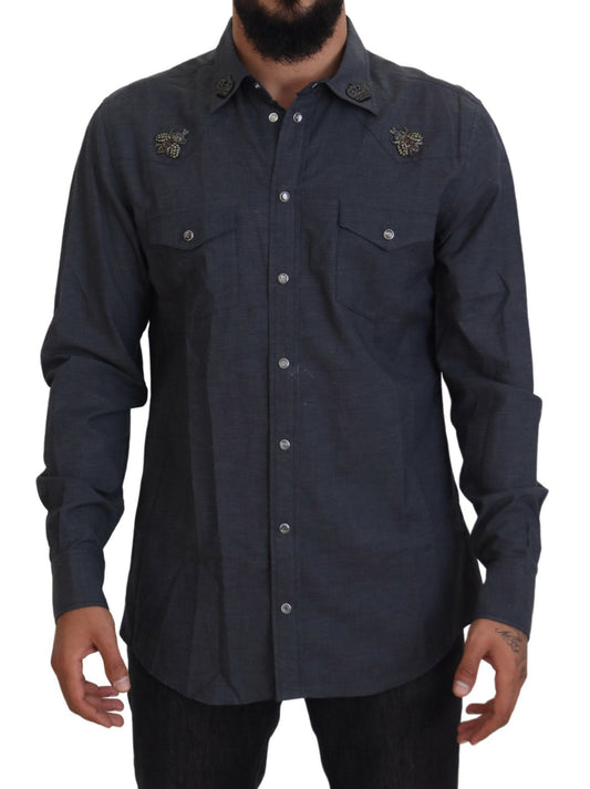 Dolce & Gabbana Blue Cotton Denim Crystal Bee Shirt - ClickThatClicks 