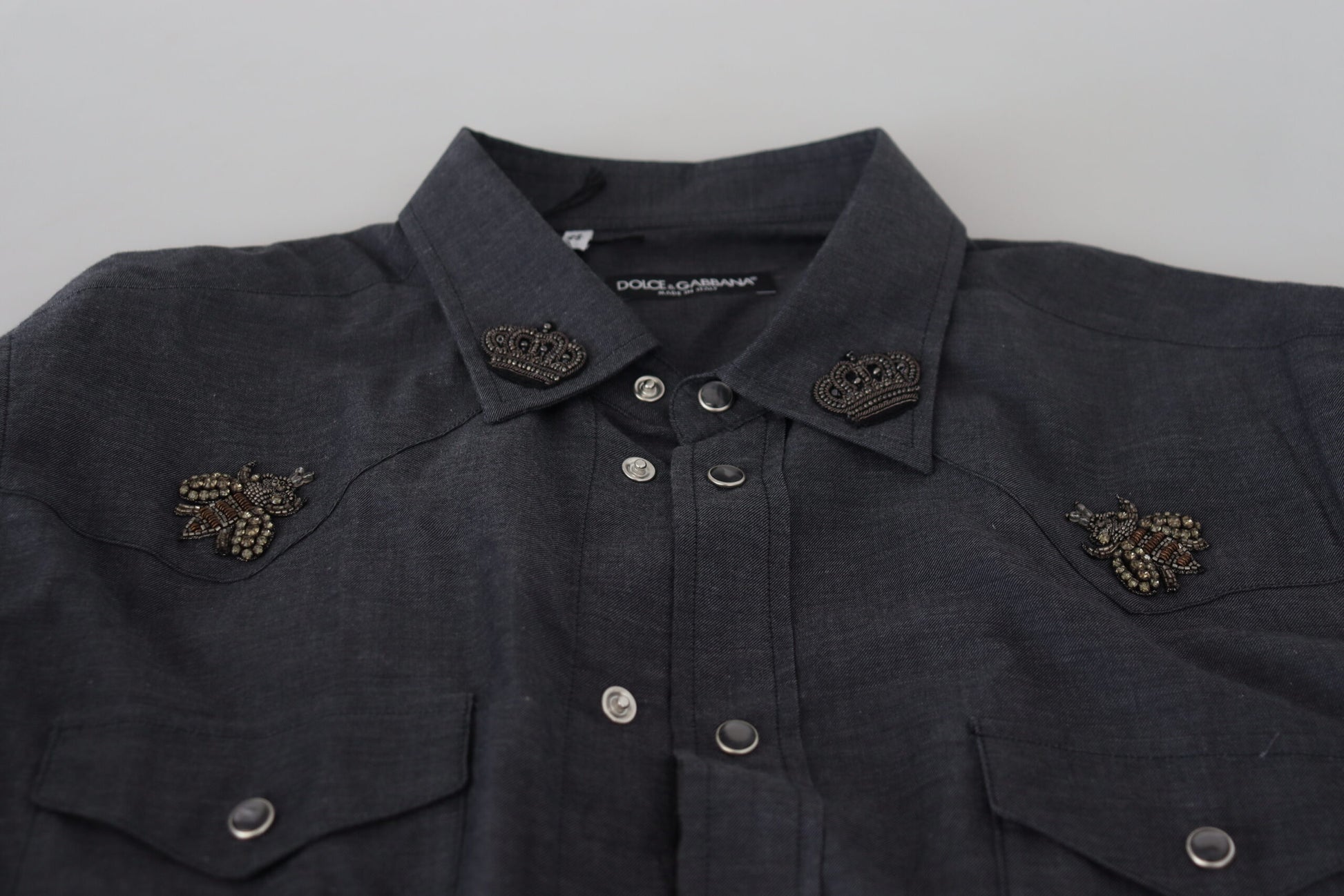 Dolce & Gabbana Blue Cotton Denim Crystal Bee Shirt - ClickThatClicks 