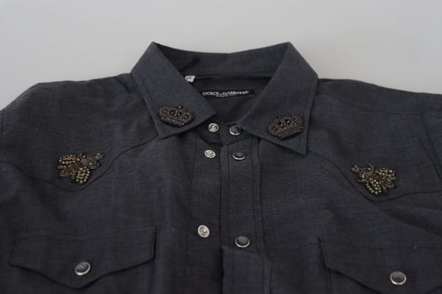 Dolce & Gabbana Blue Cotton Denim Crystal Bee Shirt - ClickThatClicks 