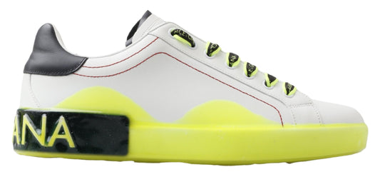 Dolce & Gabbana White Yellow Portofino Leather Sneakers Shoes - ClickThatClicks 