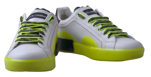 Dolce & Gabbana White Yellow Portofino Leather Sneakers Shoes - ClickThatClicks 