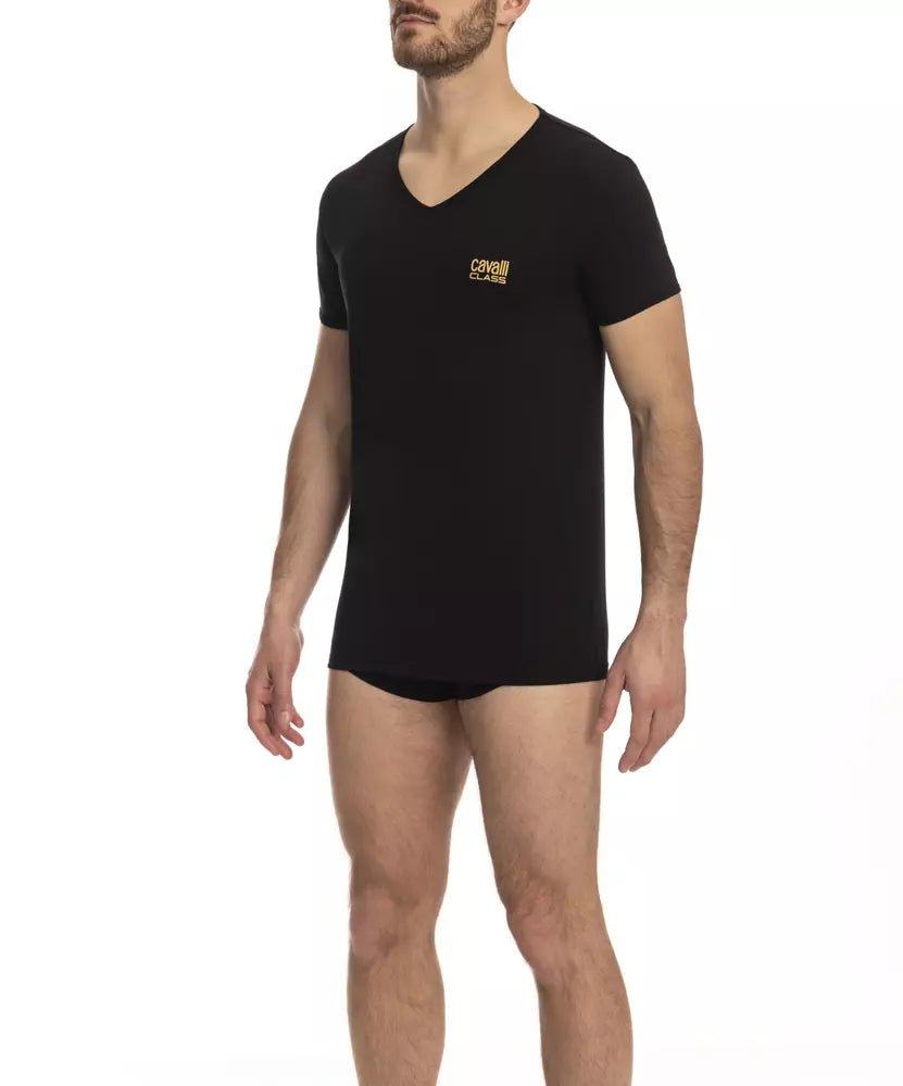 Cavalli Class Black Cotton Men's V-Neck T-Shirt - ClickThatClicks 