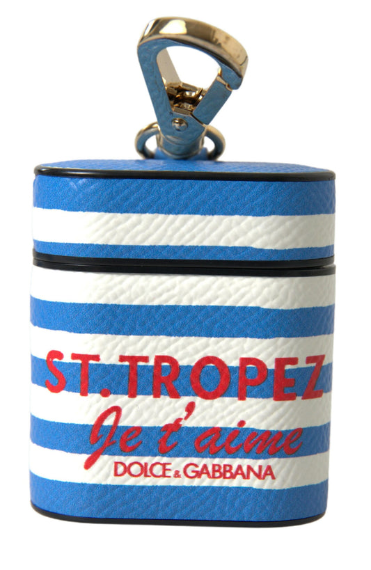 Dolce & Gabbana Blue Stripe Dauphine Leather Logo Print Airpod Case - ClickThatClicks 