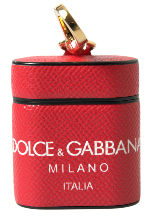 Dolce & Gabbana Red Leather Gold Tone Metal Logo Print Airpods Case - ClickThatClicks 