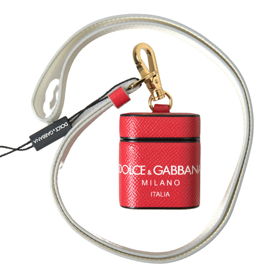 Dolce & Gabbana Red Leather Gold Tone Metal Logo Print Airpods Case - ClickThatClicks 