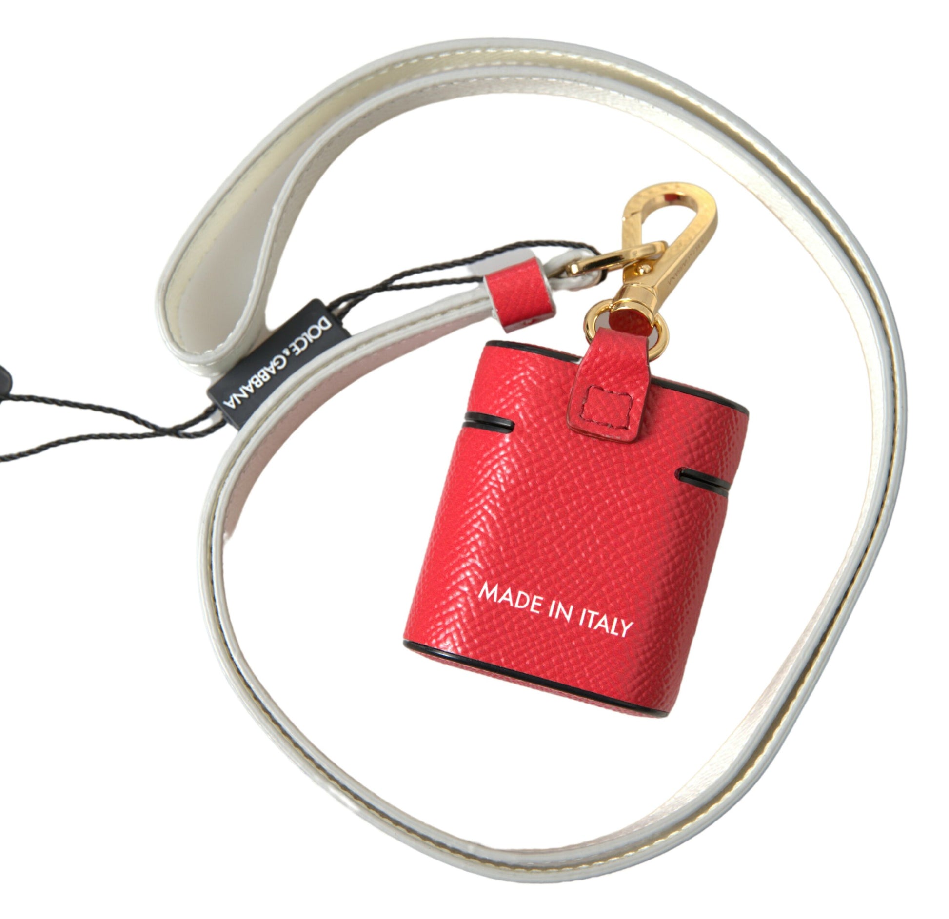 Dolce & Gabbana Red Leather Gold Tone Metal Logo Print Airpods Case - ClickThatClicks 