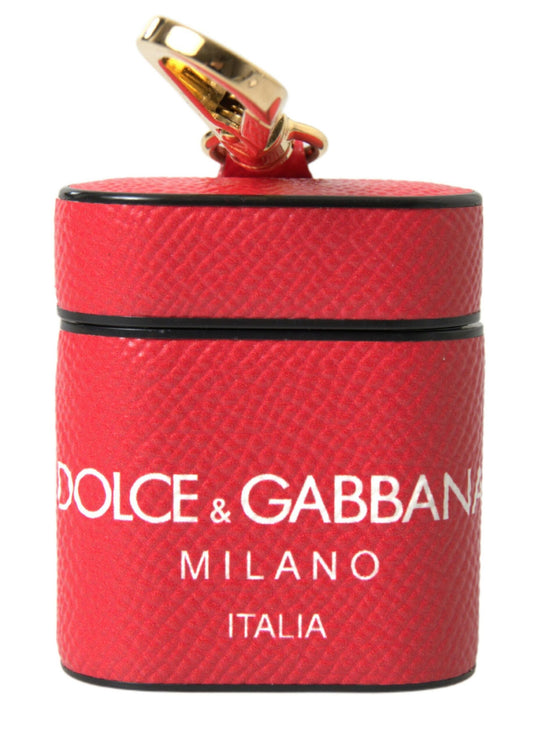 Dolce & Gabbana Red Leather Gold Tone Metal Logo Print Strap Airpods Case - ClickThatClicks 